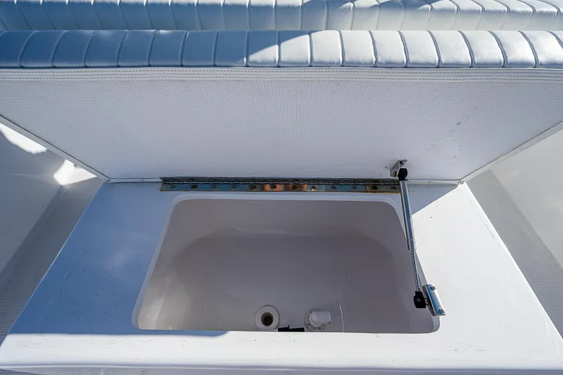 Slide: The Image of Livewell compartment on a 2023 Dusky 27cc boat, featuring a cushioned lid and hydraulic support. - 9