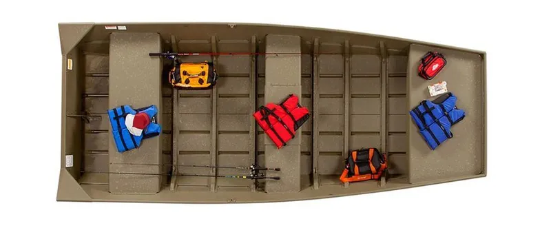 Slide: The Image of 2024 Lund Jon Boat 1448 on a trailer, parked outdoors. - 1