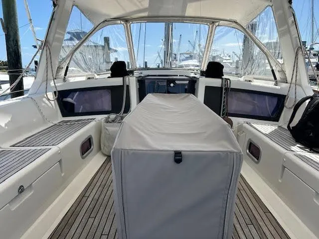Slide: The Image of Interior cabin of 2013 Beneteau 48 yacht with bed and storage cabinets. - 41