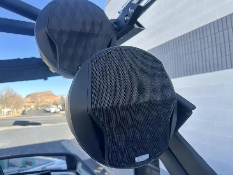 Slide: The Image of 2023 Malibu 26 LSV boat speakers mounted on a sleek frame. - 3