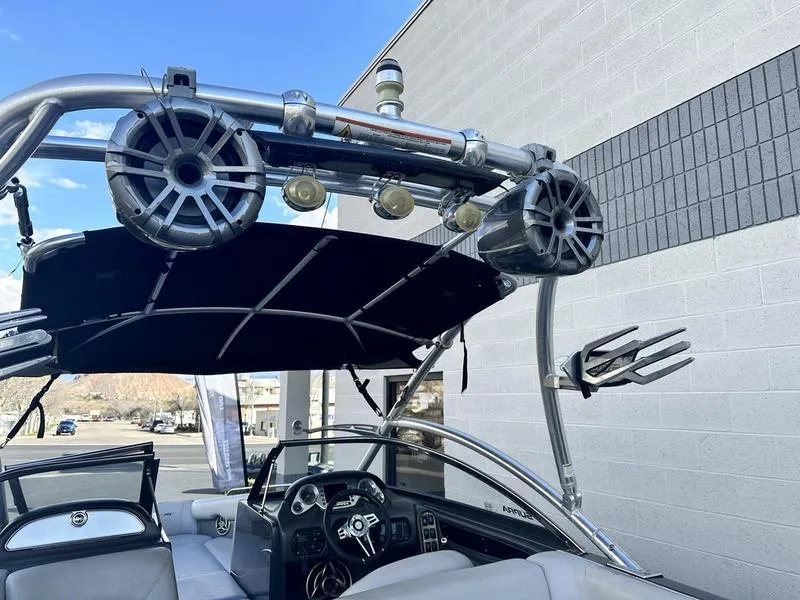 Slide: The Image of 2010 Supra Launch 24V Worlds Edition boat with wakeboard tower and speakers. - 12