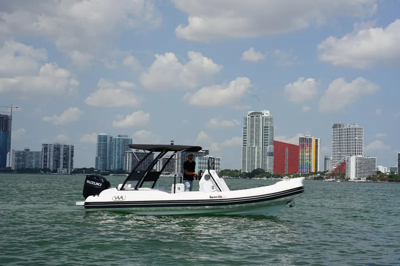 Slide: The Image of 2025 Aqvaboats Luxrib 22 cruising on water with city skyline in the background. - 17