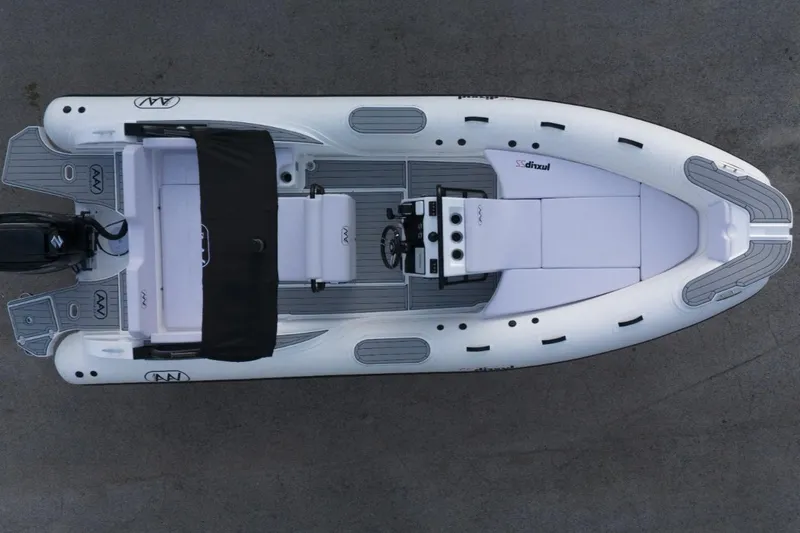 Slide: The Image of Aerial view of 2025 Aqvaboats Luxrib 22 inflatable boat with sleek design. - 19