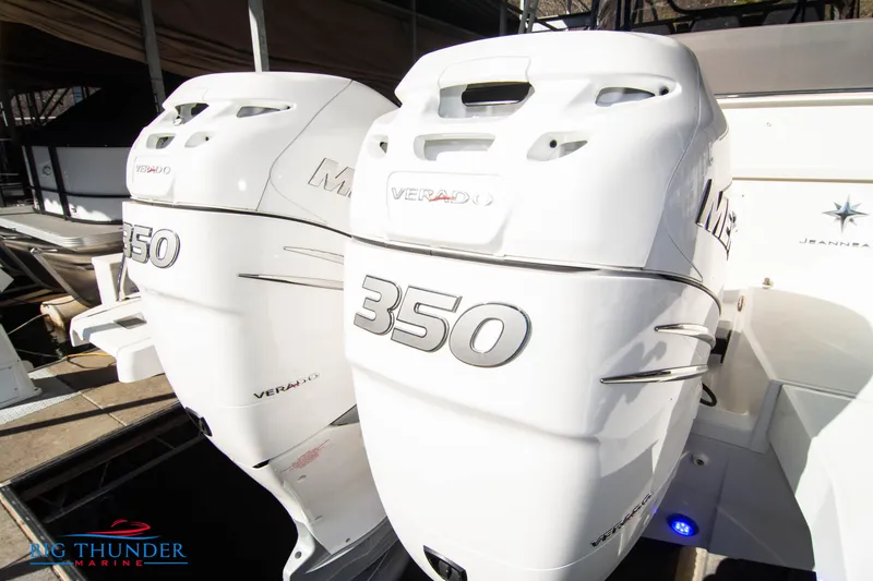 Slide: The Image of Twin Mercury Verado 350 engines on a 2020 Jeanneau Leader 10.5 boat. - 23