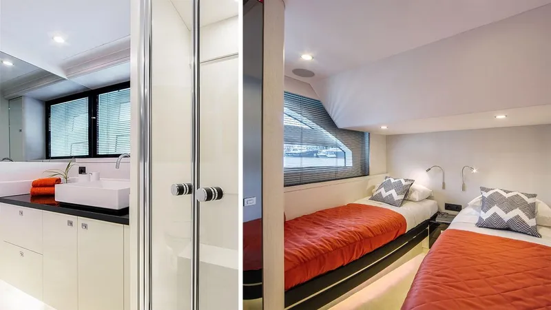 Slide: The Image of Luxurious interior of 2025 Van der Valk BeachClub 600 yacht with modern bathroom and twin bedroom. - 11
