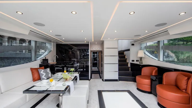 Slide: The Image of Luxurious interior of the 2025 Van der Valk BeachClub 600 yacht with modern furnishings. - 3