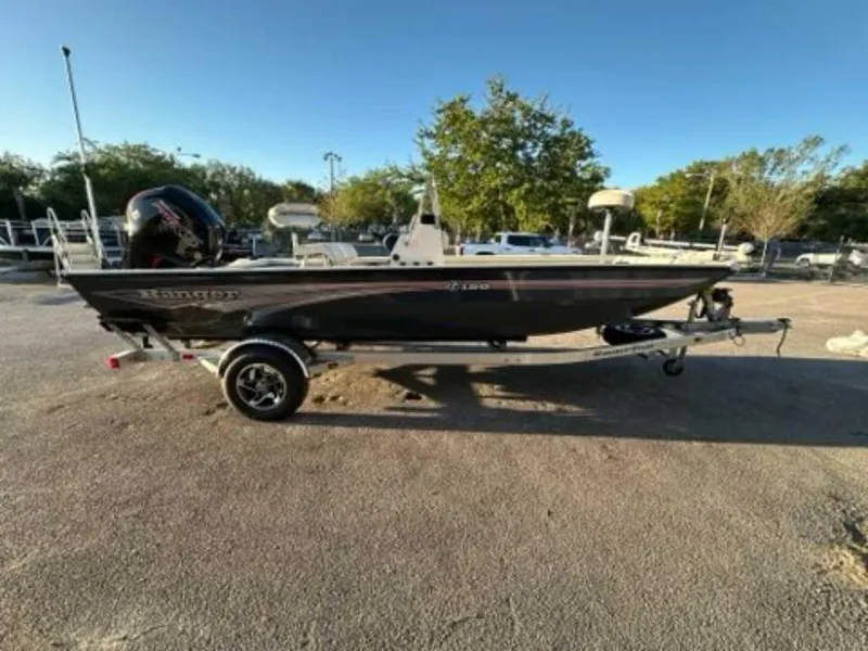 The Image of 2024 Ranger RB190 boat on a trailer in a parking lot. - 0