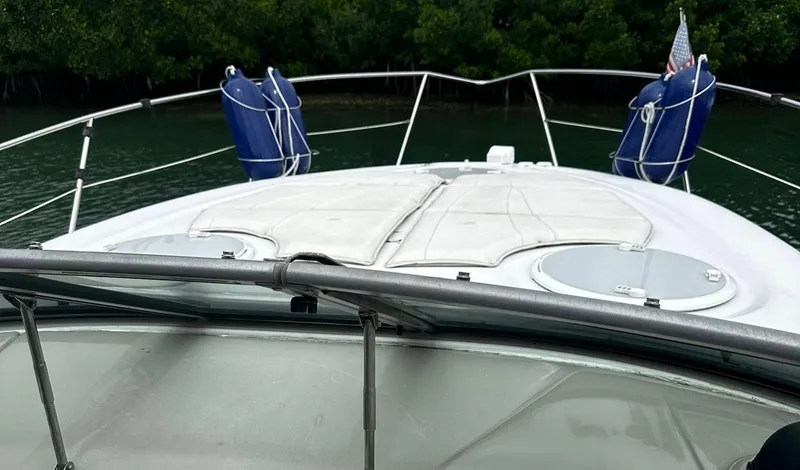Slide: The Image of 2006 Four Winns 328 Vista boat deck with blue fenders and lush green background. - 23