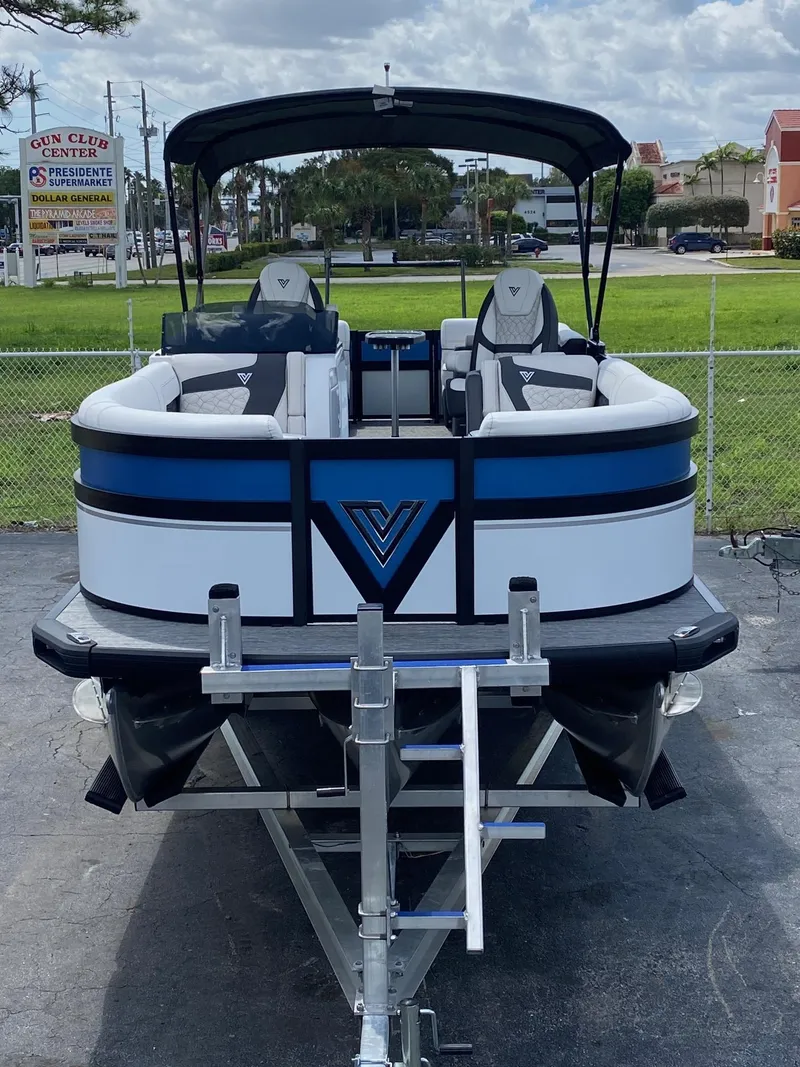 Slide: The Image of 2024 Viaggio Diamante 24U pontoon boat on trailer. - 2