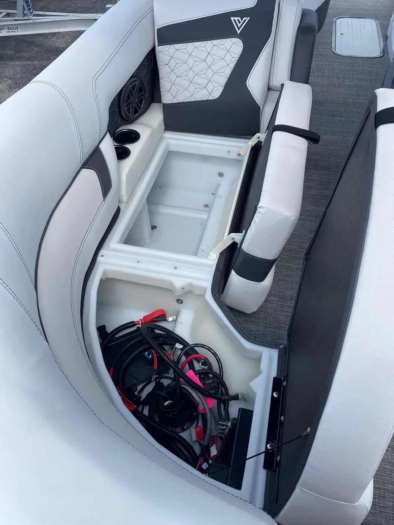 Slide: The Image of 2024 Viaggio Diamante 24U boat interior storage compartment with cables. - 27