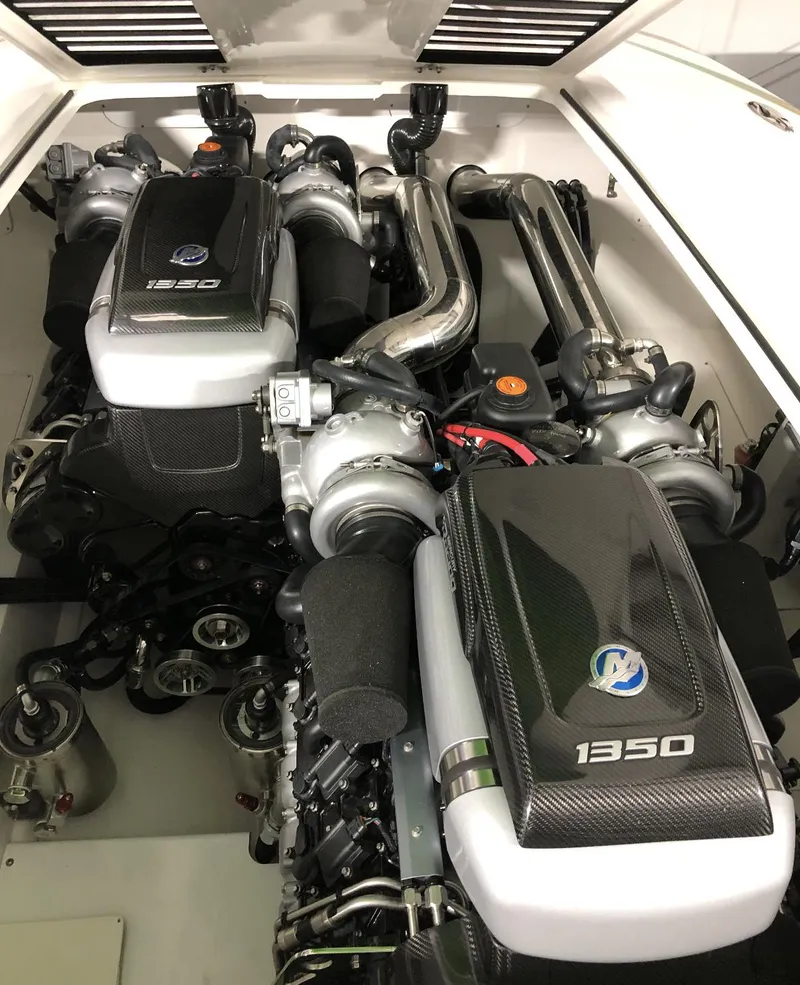 Slide: The Image of 2015 Outerlimits SL-50 boat engine compartment with twin 1350 engines. - 15