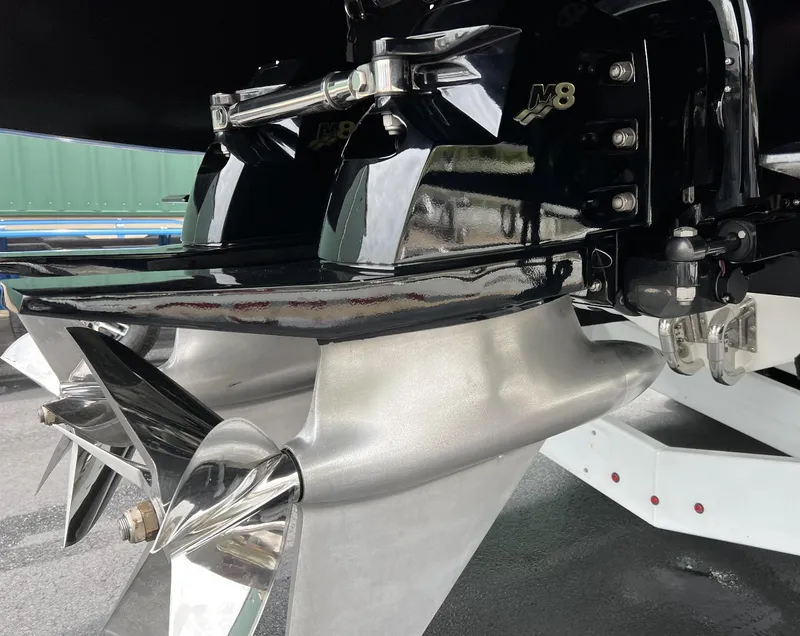 Slide: The Image of Close-up of 2015 Outerlimits SL-50 boat's dual propellers and stern drive. - 21