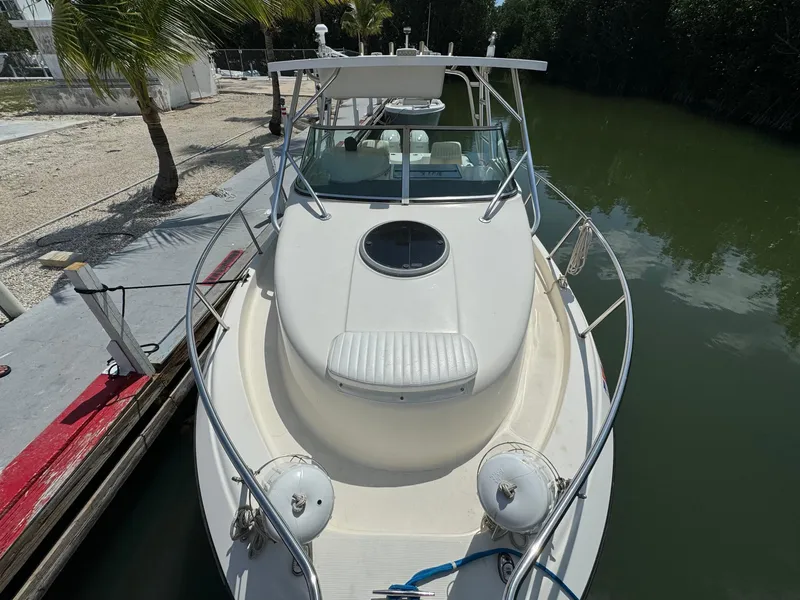 Slide: The Image of 2002 Seamaster 2800 Walkaround boat docked by a canal. - 37