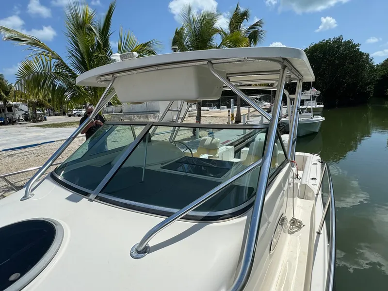 Slide: The Image of 2002 Seamaster 2800 Walkaround boat docked near palm trees and calm water. - 44