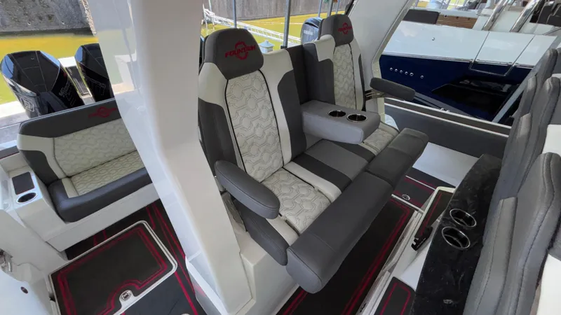 Slide: The Image of 2024 Fountain 43 SCX boat interior with luxurious seating and modern design. - 40