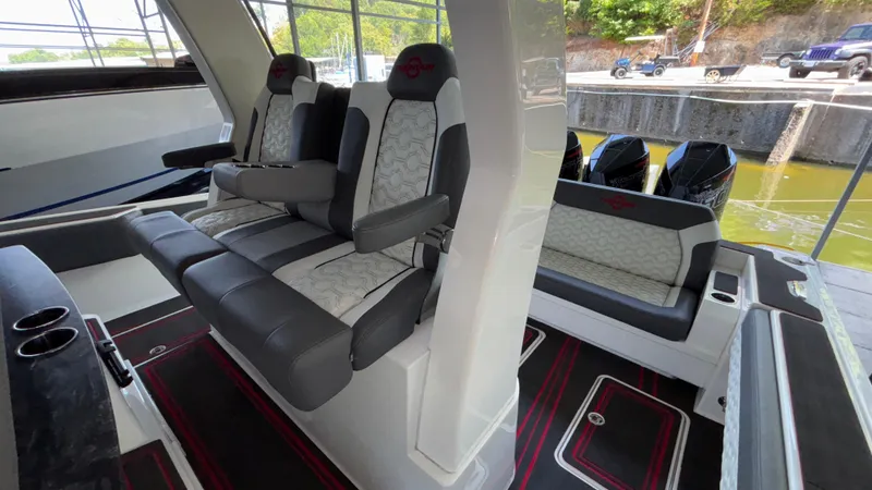 Slide: The Image of 2024 Fountain 43 SCX boat interior with luxurious seating and modern design. - 44