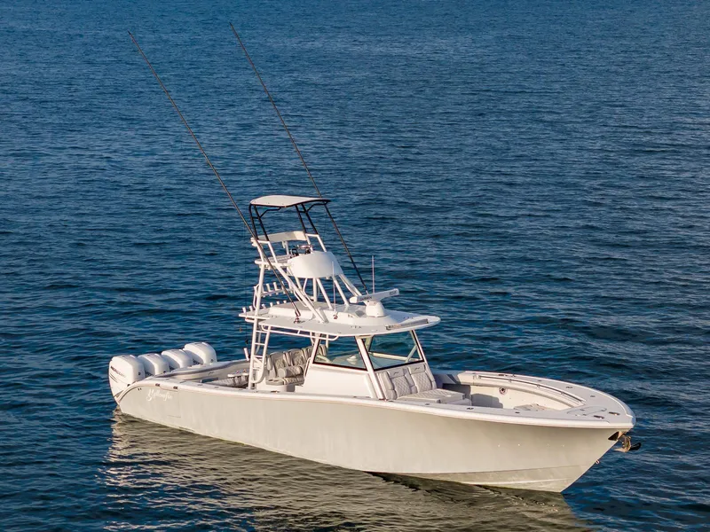 Slide: The Image of 2022 Yellowfin 42 boat on open water. - 4