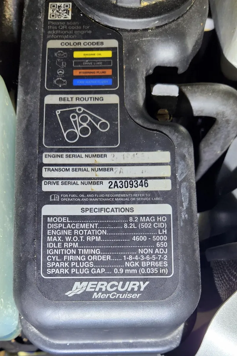 Slide: The Image of 2015 Formula 350 CBR engine specifications label, Mercury MerCruiser, serial number 2A309346. - 23