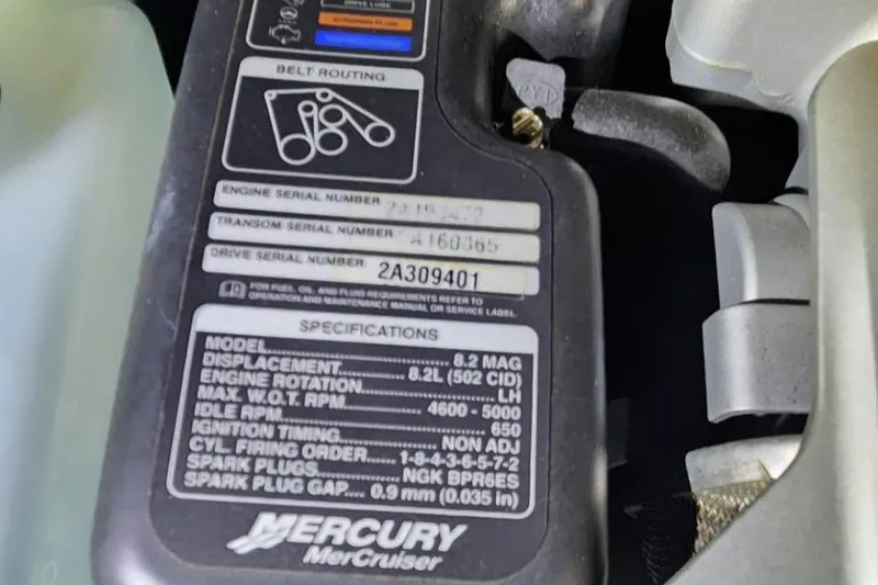Slide: The Image of Mercury MerCruiser engine specifications label on a 2015 Formula 350 CBR. - 45