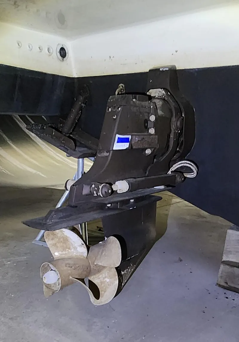 Slide: The Image of 2015 Formula 350 CBR boat propeller and stern drive in a garage. - 5