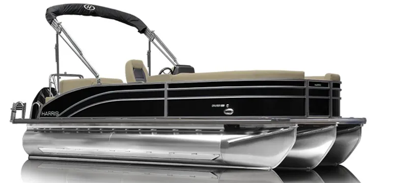 Slide: The Image of 2024 Harris Cruiser 190 pontoon boat, black exterior, side view. - 1