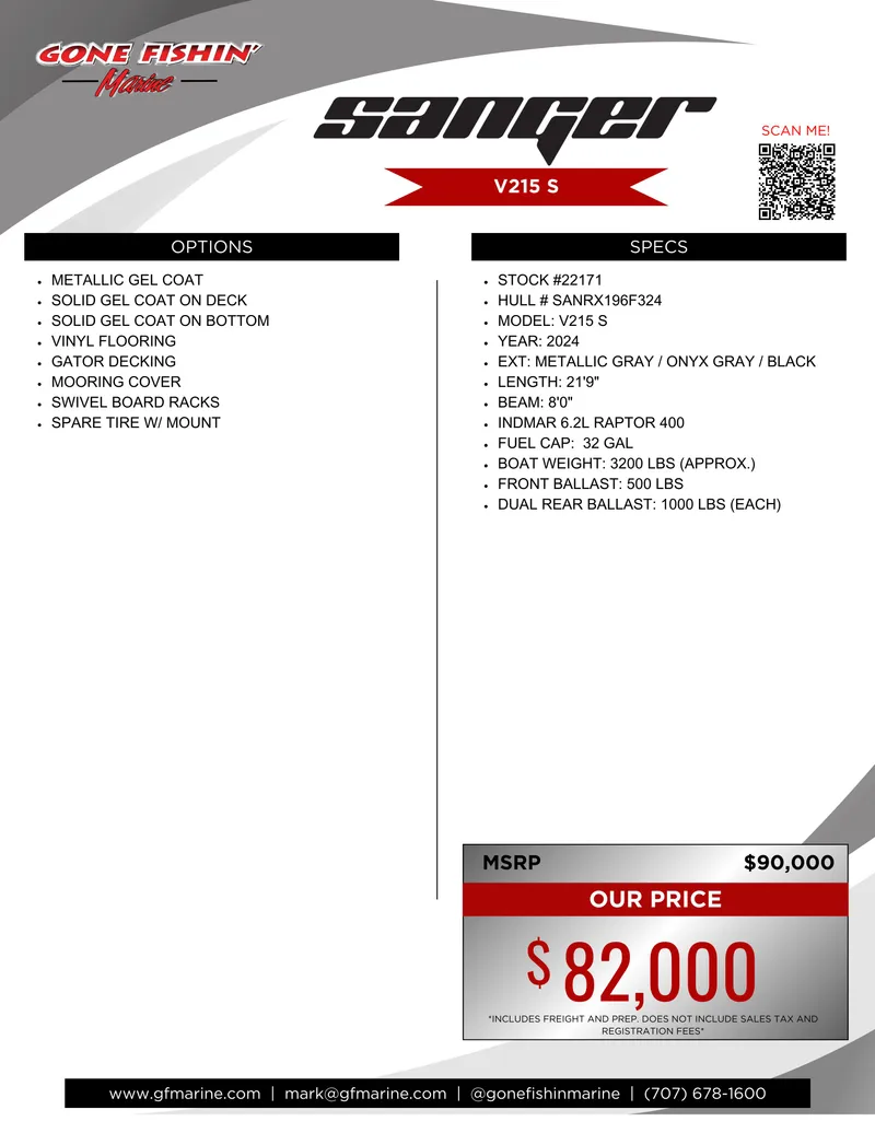Slide: The Image of 2024 Sanger V215 S boat features and pricing details, MSRP $90,000, sale price $82,000. - 8