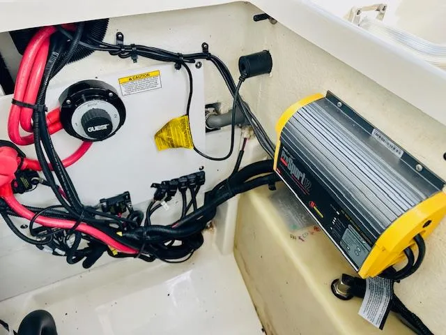 Slide: The Image of 2018 Sea Ray 270 SDX boat electrical system with wiring and battery charger. - 28