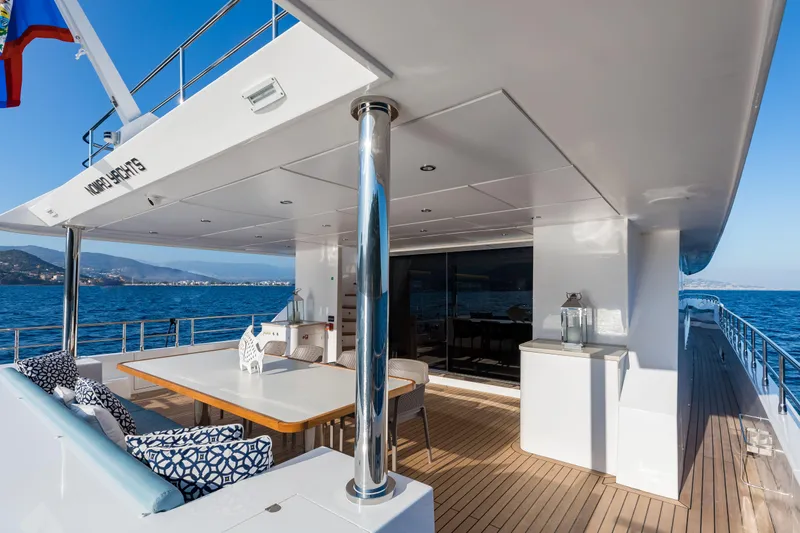 Slide: The Image of Luxurious 2025 Nomad 95 SUV yacht deck with elegant seating and ocean view. - 18