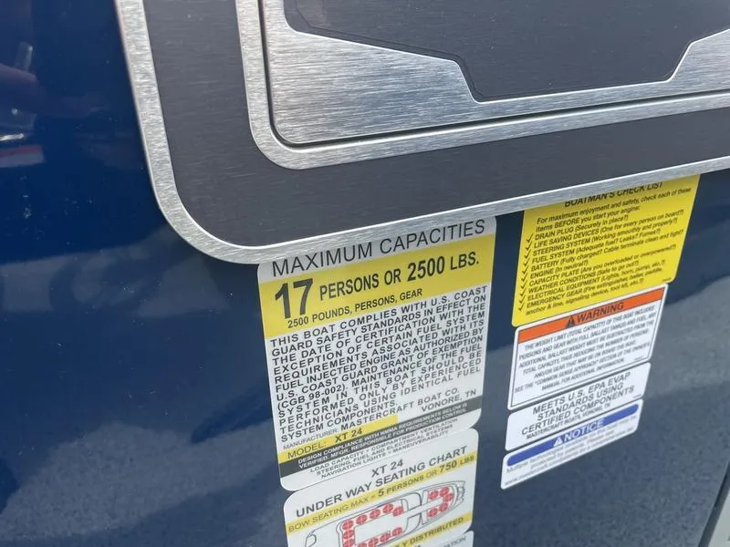 Slide: The Image of 2023 MasterCraft XT24 capacity label, maximum 17 persons or 2500 lbs. - 20