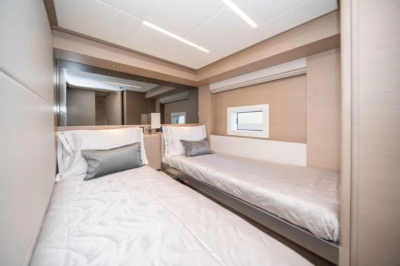 Slide: The Image of Luxurious twin bedroom in 2025 Nomad 75 SUV yacht, featuring modern design and comfort. - 16