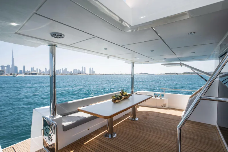 Slide: The Image of Luxurious Nomad 75 SUV yacht deck with city skyline view, 2025 model. - 26