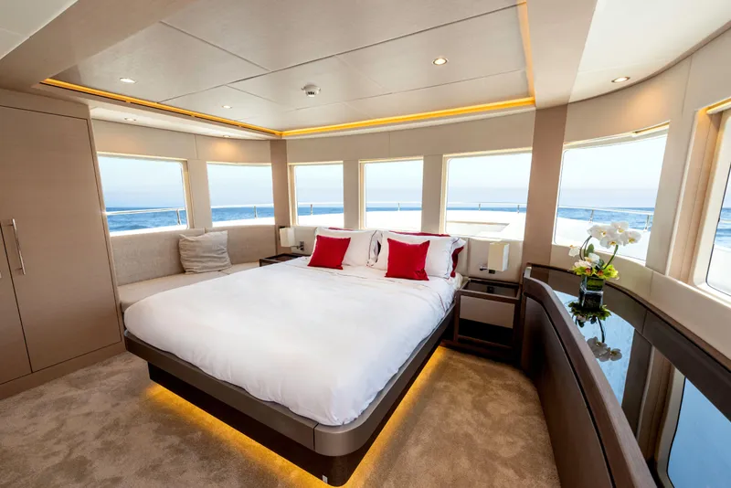 Slide: The Image of Luxurious bedroom interior of 2025 Nomad 75 SUV yacht with ocean view and modern decor. - 9