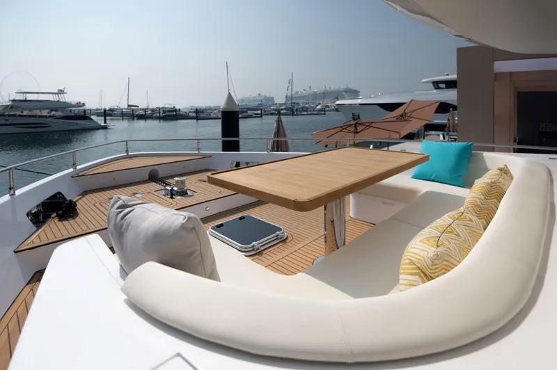 Slide: The Image of Luxury deck of 2025 Nomad 70 SUV yacht with elegant seating and marina view. - 20