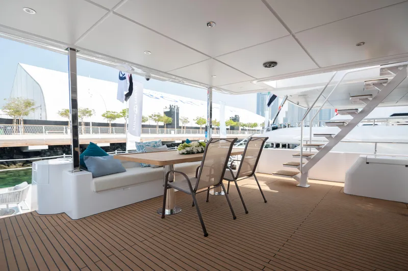 Slide: The Image of Luxurious deck of 2025 Nomad 70 SUV yacht with seating and dining area. - 18