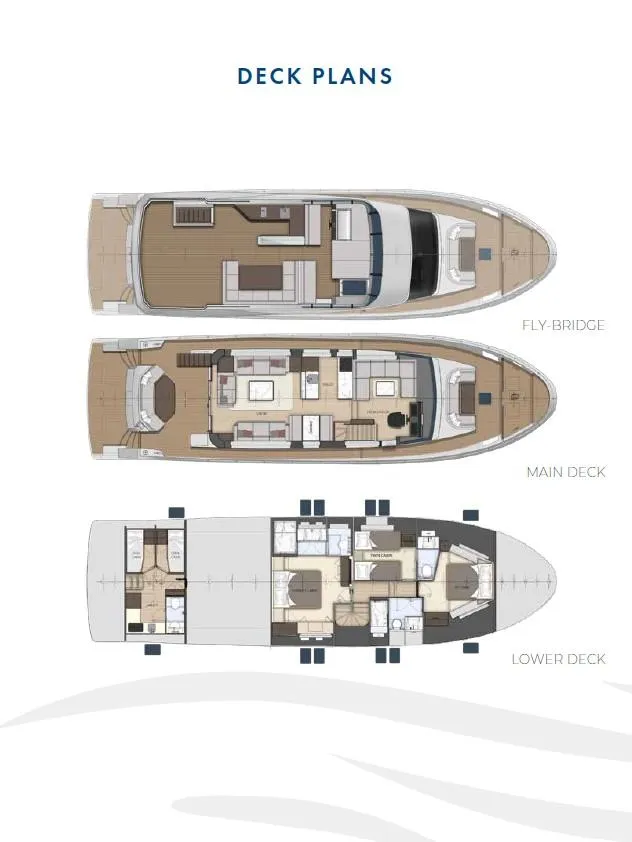 Slide: The Image of Deck plans for 2025 Nomad 65 yacht, featuring fly bridge, main, and lower decks. - 15