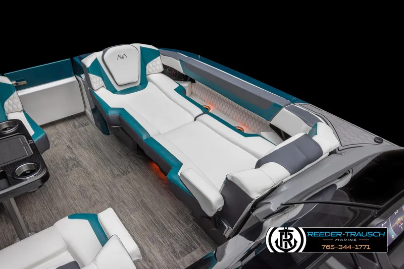 Slide: The Image of 2024 Avalon Excalibur VRB boat interior with luxurious seating and modern design. - 12