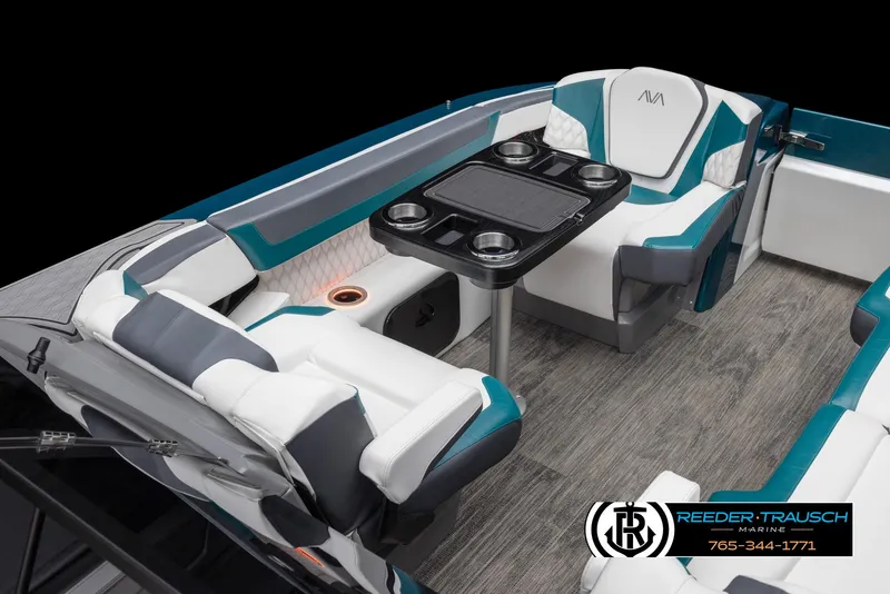 Slide: The Image of 2024 Avalon Excalibur VRB boat interior with seating and table. - 13