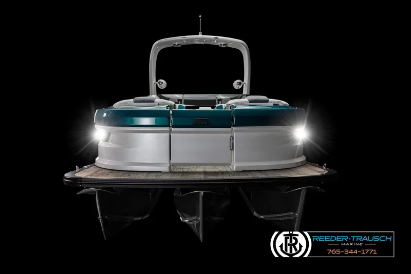 Slide: The Image of 2024 Avalon Excalibur VRB pontoon boat with illuminated front view. - 5