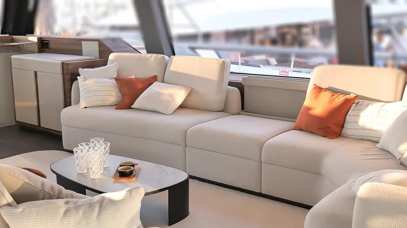 Slide: The Image of Luxurious interior of 2025 Fountaine Pajot Thira 80 yacht with elegant seating and decor. - 19