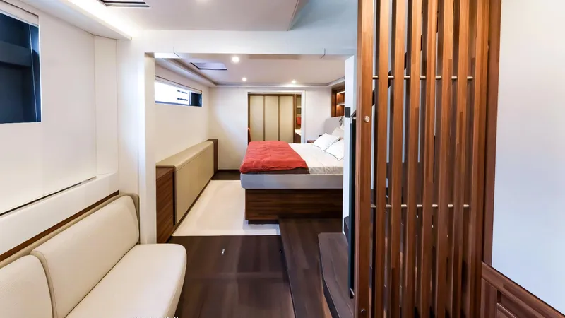 Slide: The Image of Luxurious interior of 2025 Fountaine Pajot Thira 80 yacht with modern bedroom design. - 20
