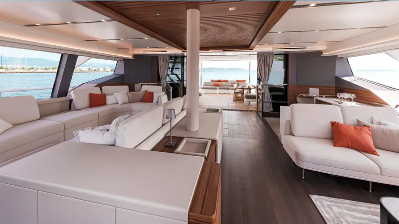 Slide: The Image of Luxurious interior of 2025 Fountaine Pajot Thira 80 yacht with elegant seating and ocean views. - 28