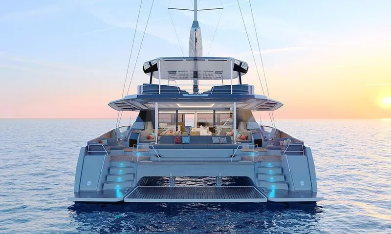 The Image of Luxury Fountaine Pajot Thira 80 yacht on serene ocean at sunset, 2026 model. - 0