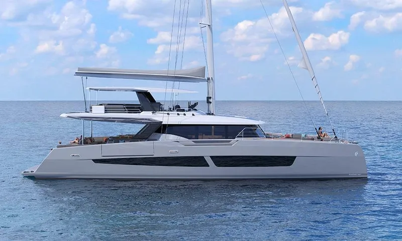 Slide: The Image of 2026 Fountaine Pajot Thira 80 luxury yacht sailing on calm ocean waters. - 3
