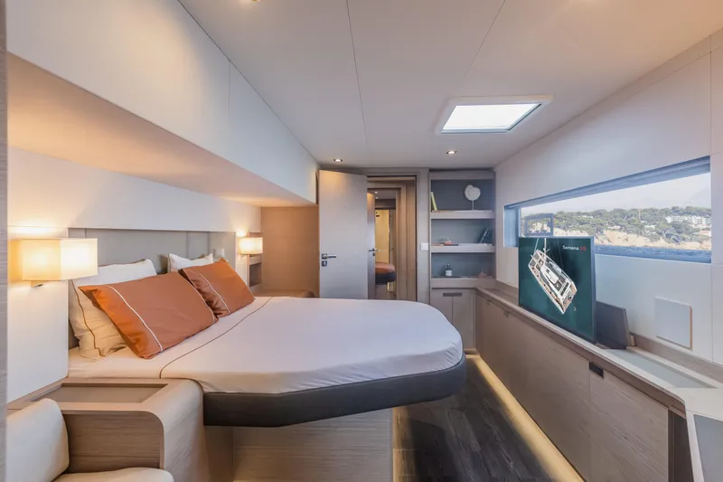 Slide: The Image of Luxurious bedroom interior of 2024 Fountaine Pajot Samana 59 catamaran yacht. - 21