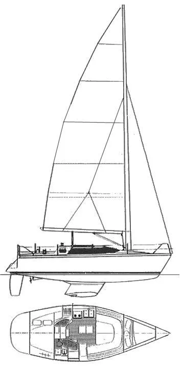 Slide: The Image of Line drawing of a 1990 Hunter Vision 32 sailboat, side and top views. - 30