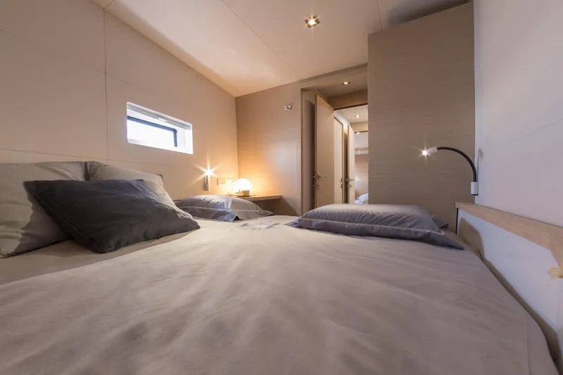 Slide: The Image of Luxurious bedroom interior of 2025 Fountaine Pajot MY 6 yacht. - 10