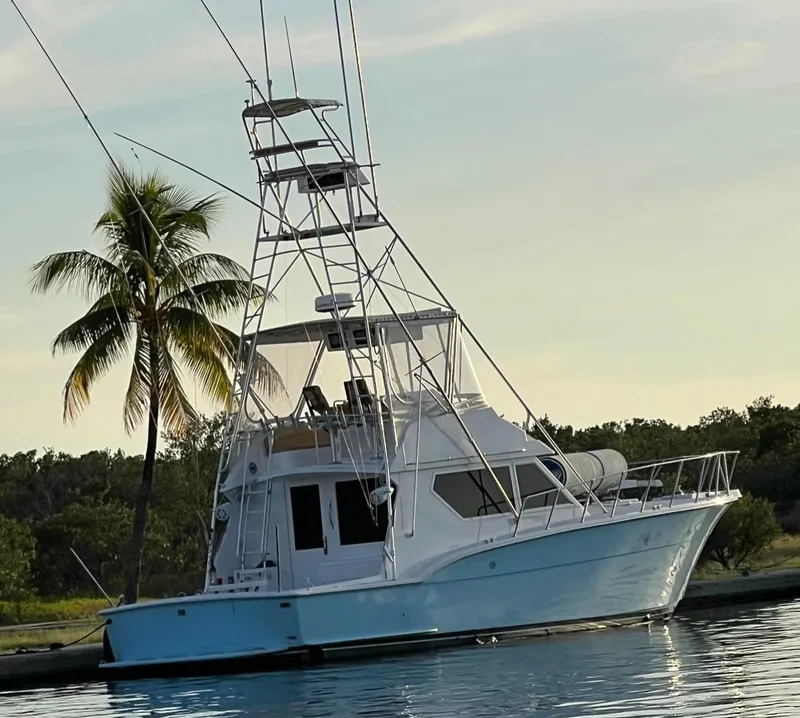 Slide: The Image of 1990 Hatteras 45 Convertible yacht docked near palm tree, serene water setting. - 2