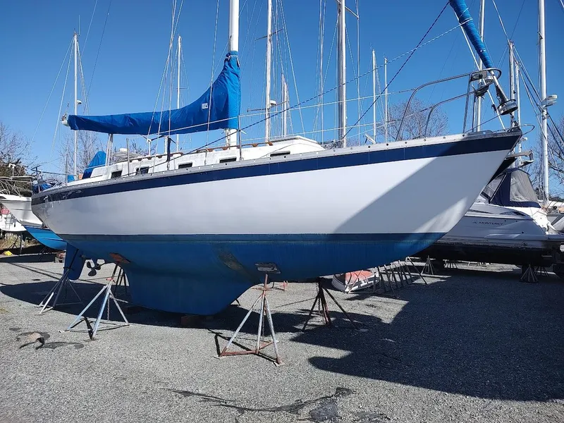 The Image of 1979 Endeavour 32 sailboat on stands, blue and white hull, clear sky background. - 0