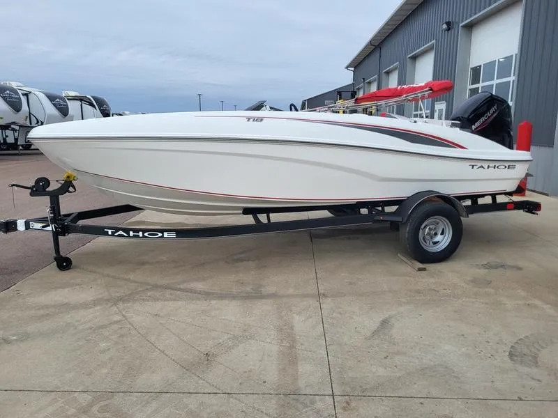 Slide: The Image of 2024 Tahoe T18 boat on trailer outside a warehouse. - 1