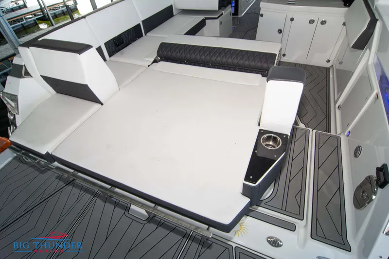 Slide: The Image of 2022 Monterey 378 SS boat interior with spacious seating and modern design. - 11